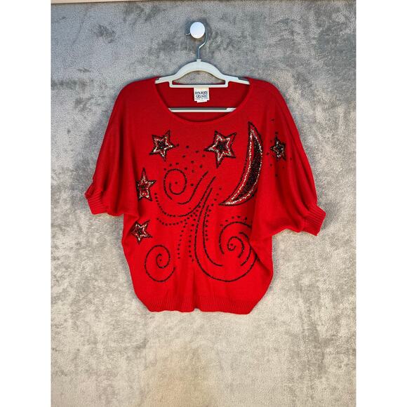 VTG Barry & Me Sweater Large Red Sequin Celestial Stars and Moon 80s 90s - Picture 1 of 7